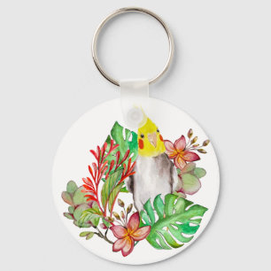 Porte-clés Perroquet Corella mignon dans des plantes et des f
