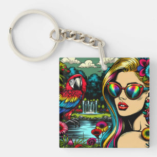 Porte-clés Perroquet mignon et belle femme dans un jardin