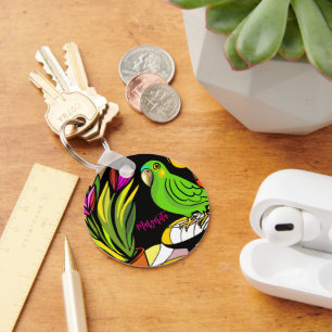 Porte-clés Perroquet vert avec tulipes roses