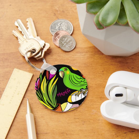 Porte-clés Perroquet vert avec tulipes roses (Bureau)