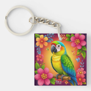 Porte-clés Perroquet vibrant perché sur une branche