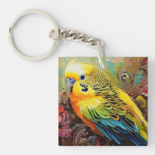 Porte-clés Perruche jaune et bleu avec marguerite et fleurs