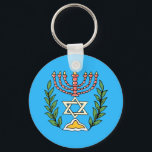 Porte-clés Persian Magen David Menorah<br><div class="desc">Cette image a été adaptée à partir d'un carrelage juif perse antique et présente une menorah avec un Magen David (Étoile de David) encadré de branches d'olivier. Les imperfections de l'image originale peinte à la main ont été conservées.</div>