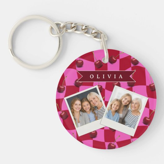 Porte-clés Personalized Cherry Gingham Retro Custom Name (Devant)