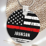 Porte-clés Personalized Firefighter Thin Red Line<br><div class="desc">Personalized Thin Red Line Keychain - American flag in Firefighter Flag colors, distressed design . Personalize with fireman name, or department. This personalized firefighter keychain is perfect for fire departments, or as a memorial keepsake. COPYRIGHT © 2020 Judy Burrows, Black Dog Art - All Rights Reserved. Personalized Firefighter Thin Red...</div>