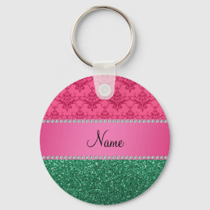 Porte-clés Personalized name pink damask green glitter
