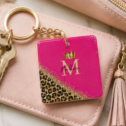 Porte-clés Personalized Pink Leopard Gold Glitter Monogram