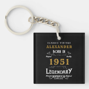 Porte-clés Personnalisé 70e anniversaire Né 1951 Noir Vintage