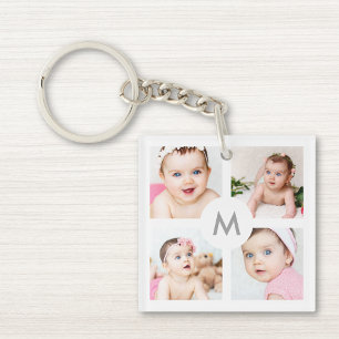 Porte-clés Personnalisé 8 Photo Collage Monogramme Blanc