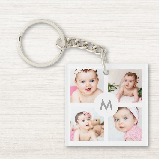 Porte-clés Personnalisé 8 Photo Collage Monogramme Blanc
