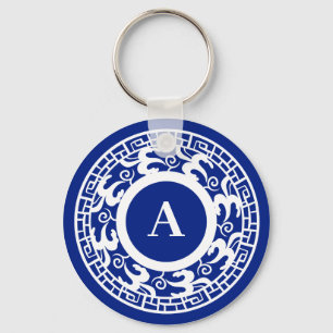 Porte-clés Personnalisé Blanc Bleu Chinoiserie Chic Monogramm
