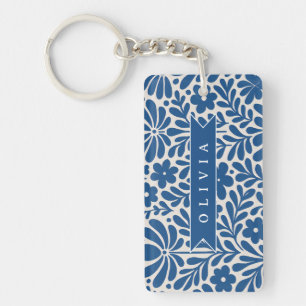 Porte-clés Personnalisé Floral Folklorique Bleu Nordique Sur