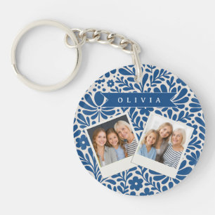 Porte-clés Personnalisé Floral Folklorique Bleu Nordique Sur
