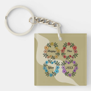 PORTE-CLÉS PERSONNALISÉ HAPPY NEW YEAR 20XX & FLEURS WREATHS