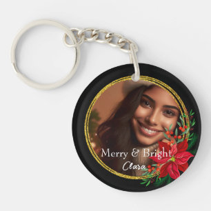 Porte-clés Personnalisé Joyeux Bright Photo de Noël Fleur rou