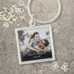 Porte-clés Personnalisé Simple Moderne Élégant Script Photo<br><div class="desc">Personnalisez avec votre photo préférée avec vos noms et l'année,  créant un souvenir et un cadeau unique. Un joli gardien au trésor !</div>