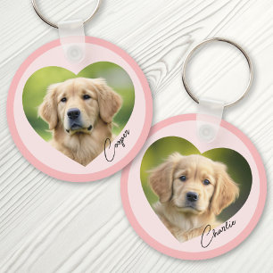 Porte-clés Pet dog photo inside heart with name pink border