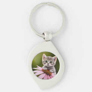 Porte-clés Petit chat gris floral mignon