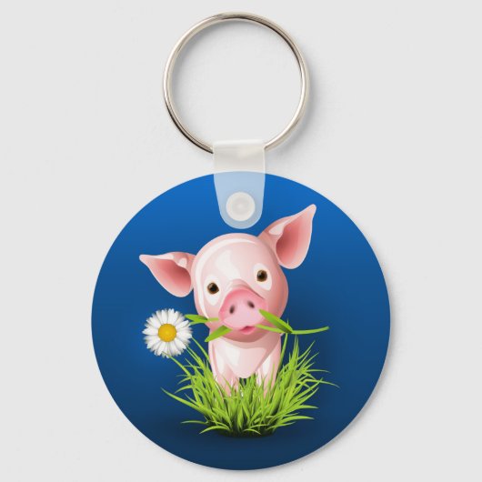 Porte-clés Petit cochon rose dans l'herbe verte sur le bleu (Recto)