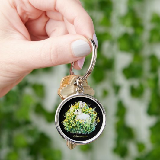 Porte-clés Petit lapin blanc et fleurs (main)