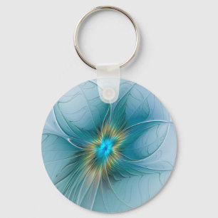 Porte-clés Petite Beauté Moderne Fleur d'Art Fractal Bleu Or