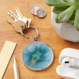 Porte-clés Petite Beauté Moderne Fleur d'Art Fractal Bleu Or
