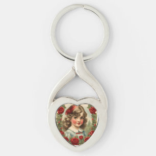 Porte-clés Petite fille vintage avec roses