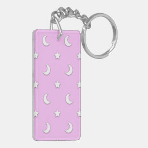 Porte-clés Petites étoiles blanches et lunes sur fond rose