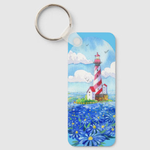 Porte-clés Phare et Bleu Daisies Art Floral