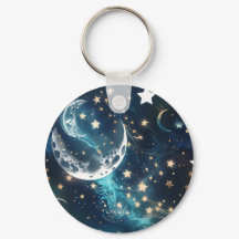 Porte-clés - Phases lunaires célestes bleu glacé