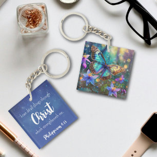 Porte-clés Philippiens Inspirationnels Bleus 4:13 Verse Flora