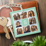 Porte-clés Photo Collage personnalisé Monogramme Mention vert<br><div class="desc">Vous pouvez utiliser des photos Instagram pour cette conception. Utilisez 8 photos carrés pour créer un cadeau unique et personnel. Ou vous pouvez garder le chiot hipster et faire un gardien branché. Si vous avez besoin d'ajuster les images,  cliquez sur l'outil personnaliser pour apporter des modifications.</div>