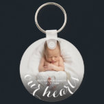 Porte-clés Photo de bébé personnalisée<br><div class="desc">Le téléphone de votre bébé,  le nom et le texte "NOS COEURS" sont présentés sur ce porte - clé dans un texte blanc chic. Créez pour vous-même ou donnez à quelqu'un que vous aimez. PLUS de designs dans notre collection.</div>