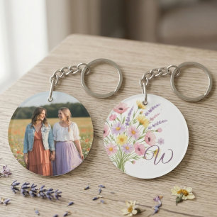Porte-clés Photo de bouquet de fleurs sauvages à monogramme