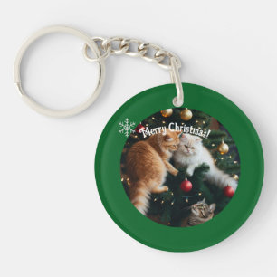 Porte-clés Photo de chats dans un arbre de Noël, personnalisé