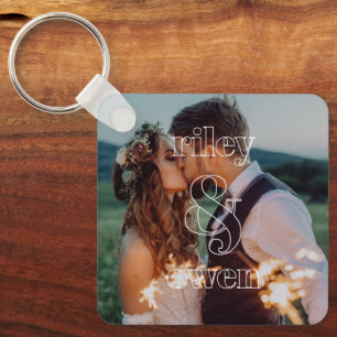 Porte-clés Photo de couple de fiançailles avec monogramme mod