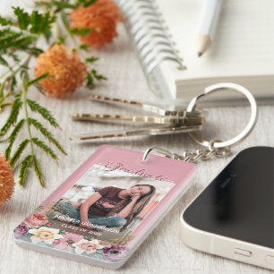 Porte-clés Photo de diplômé personnalisée sur fond d'art aqua