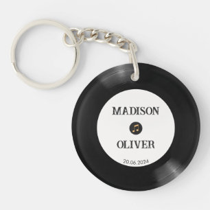 Porte-clés Photo de disque vinyle noir et blanc Nom Date Mari
