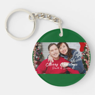 Porte-clés Photo de Noël Couple Personnalisé Vert