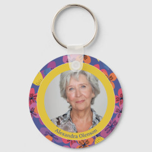 Porte-clés photo élégant bleu floral coloré 60e anniversaire