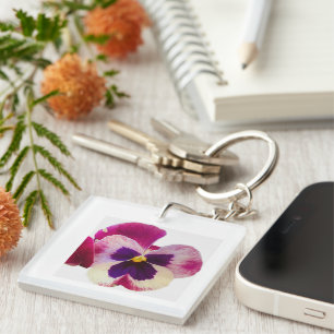 Porte-clés Photo en acrylique de fleur de pensée rose et viol
