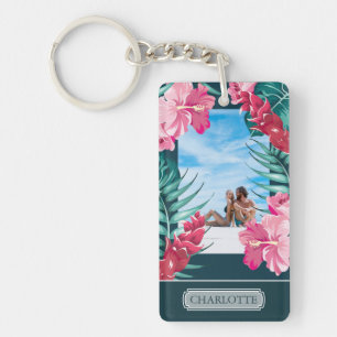 Porte-clés Photo personnalisée Fleurs d'été exotiques Monogra