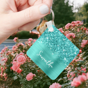 Porte-clés Photographie Pailletée Sarcelle Turquoise Glam Sig