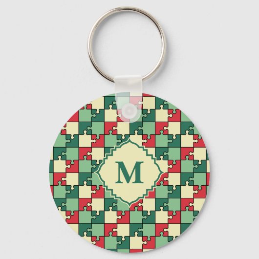 Porte-clés Pièce de puzzle rouge vert Noël Monogramme (Recto)