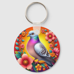 Porte-clés Pigeon Coloré Entouré de Fleurs Vibrantes