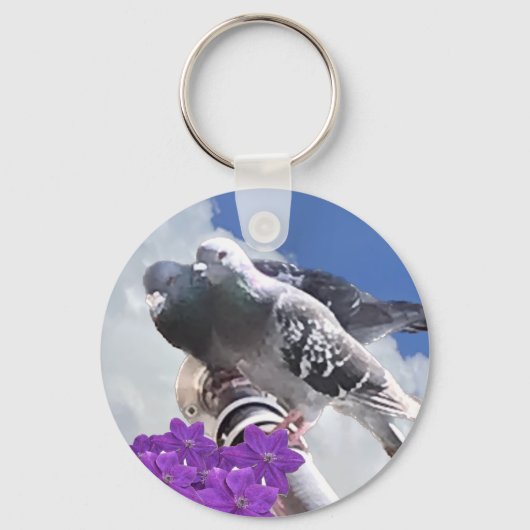Porte-clés Pigeon Pair et Fleurs Mauve (Recto)