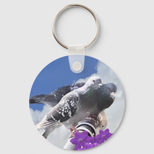 Porte-clés Pigeon Pair et Fleurs Mauve (Verso)