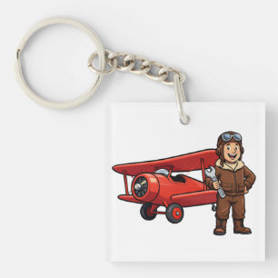Porte-clés Pilote Vintage avec Dessin Animé de Biplan Rouge