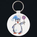 Porte-clés Pingouin blanc mignon avec Lollipop<br><div class="desc">Il s'agit d'une peinture originale sur médias mixtes d'un pingouin fantaisiste tenant une sucette.</div>