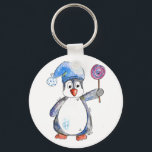 Porte-clés Pingouin blanc mignon avec Lollipop<br><div class="desc">Il s'agit d'une peinture originale sur médias mixtes d'un pingouin fantaisiste tenant une sucette.</div>